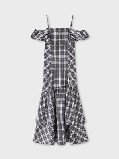 Off shoulder check frill onepiece(eme10808)