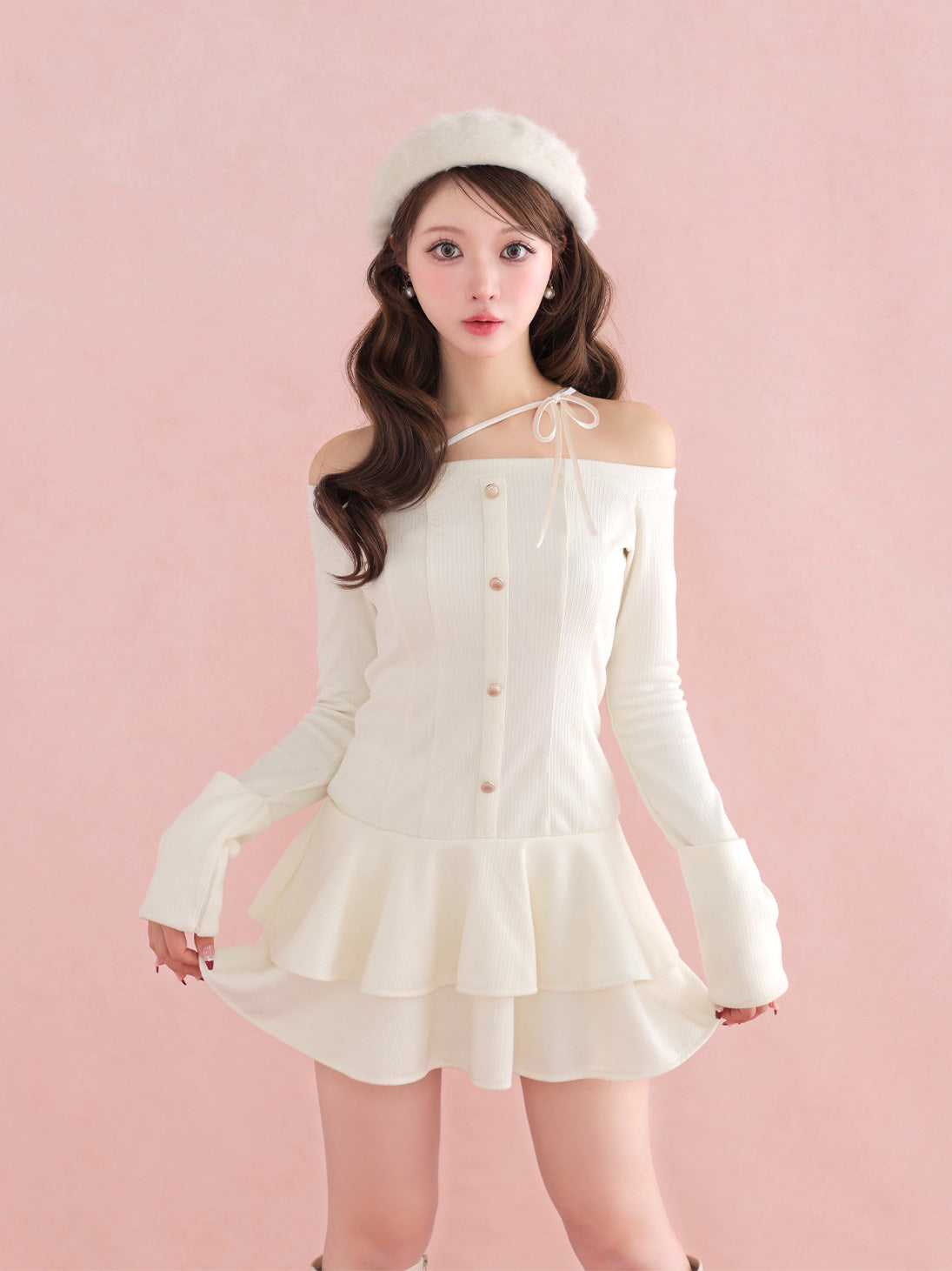 【Pre Order】Ribbon strap tiered frill mini onepiece(eme10811)