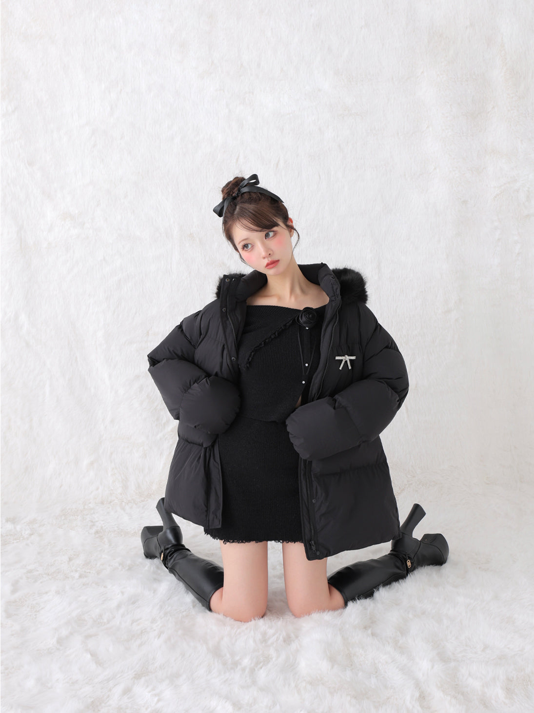【Pre Order】Bijou ribbon down jacket(eme10816)