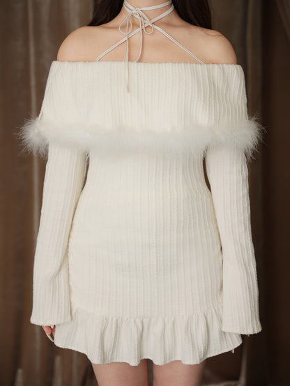 Feather off the shoulder lost mini onepiece(eme10817)