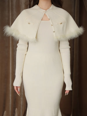 【Pre Order】Luxe feather cape knit onepiece(eme10901)