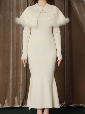【Pre Order】Luxe feather cape knit onepiece(eme10901)