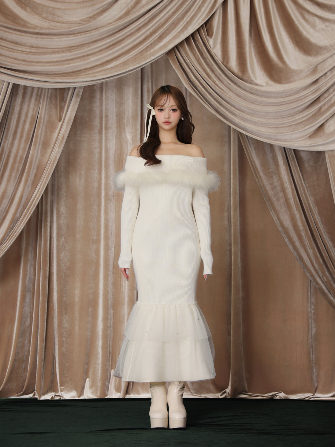 【Pre Order】Feather tulle ribbon mermaid onepiece(eme10819)