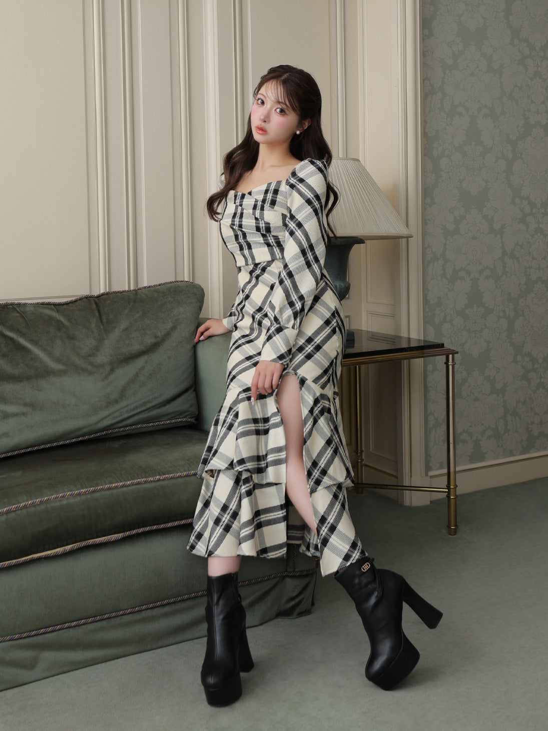 【Pre Order】Cross drape check mermaid long onepiece(eme10827)