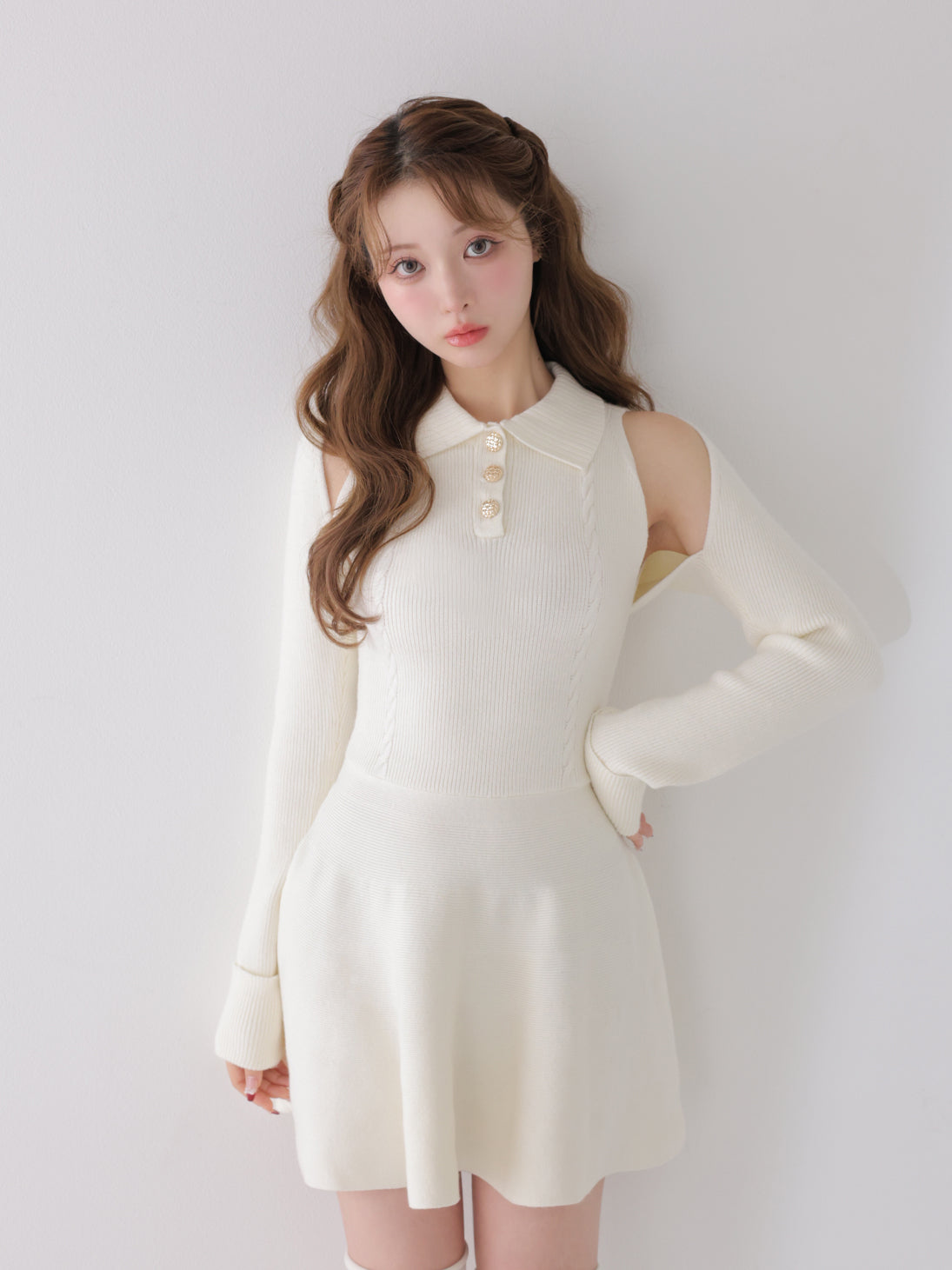 〜9日値下げ エムエメ Polo collar cable knit ワンピース Polo collar cable knit ensemble mini onepiece(eme10826) – M me eme
