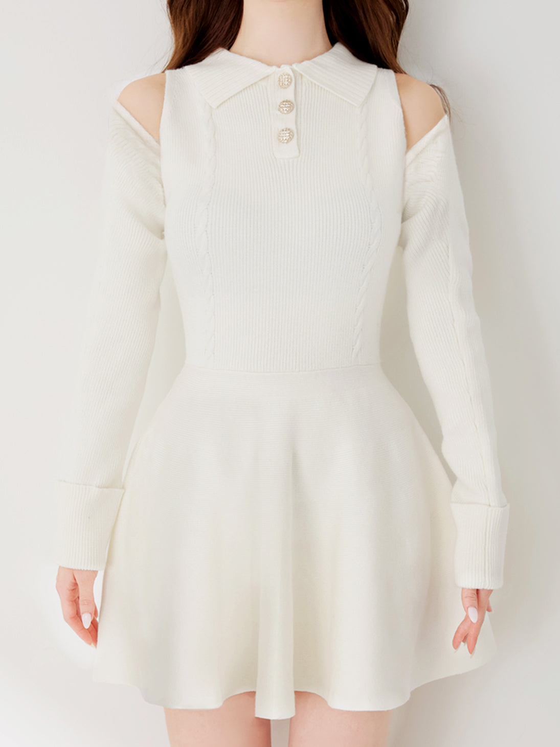 ワンピース French border knit mini onepiece Polo collar cable knit ensemble mini onepiece(eme10826) – M me eme
