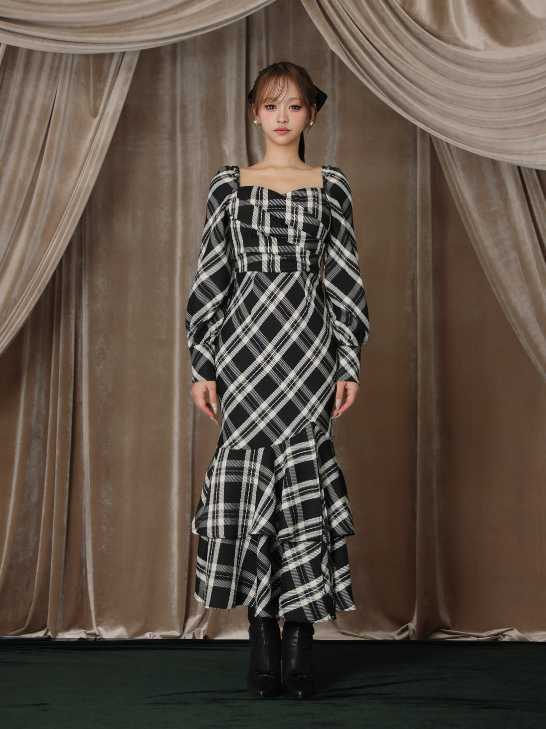 【Pre Order】Cross drape check mermaid long onepiece(eme10827)