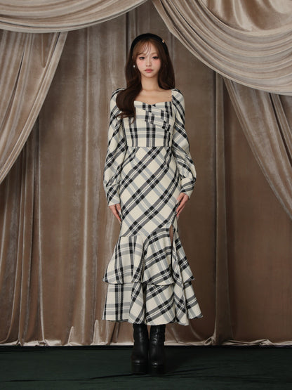 【Pre Order】Cross drape check mermaid long onepiece(eme10827)