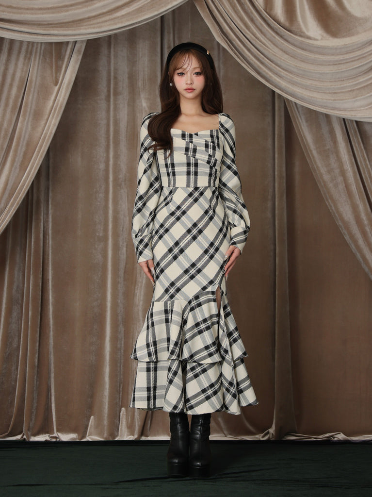 【Pre Order】Cross drape check mermaid long onepiece(eme10827)