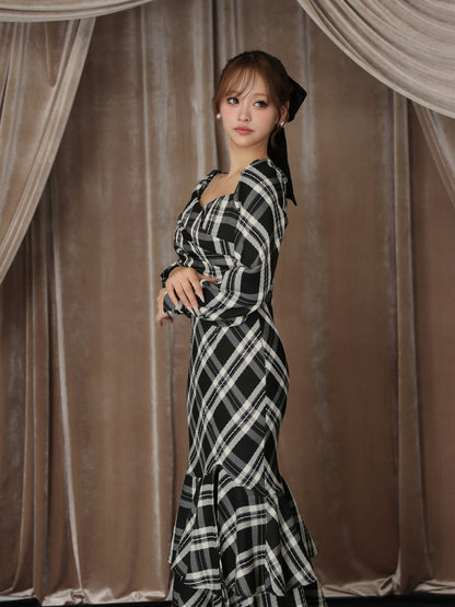 【Pre Order】Cross drape check mermaid long onepiece(eme10827)