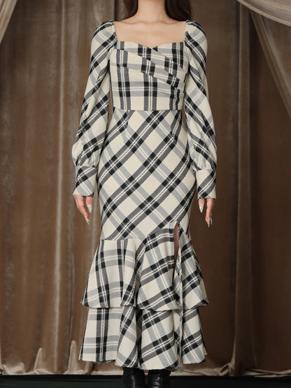 【Pre Order】Cross drape check mermaid long onepiece(eme10827)