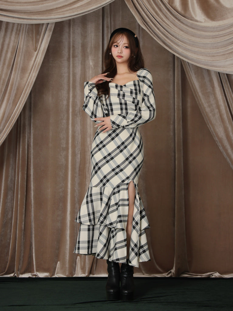 【Pre Order】Cross drape check mermaid long onepiece(eme10827)