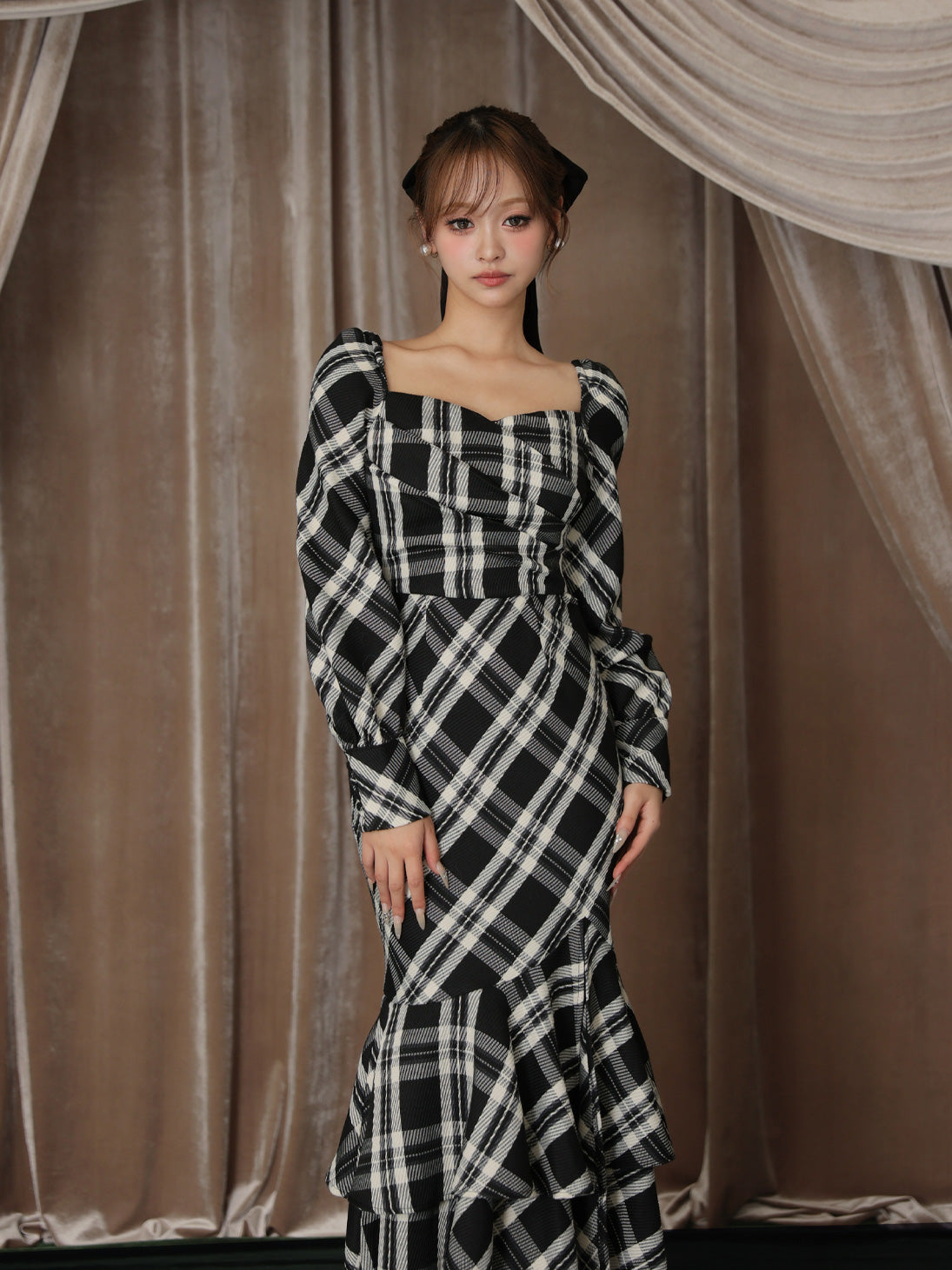 【Pre Order】Cross drape check mermaid long onepiece(eme10827)