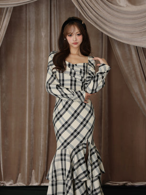 【Pre Order】Cross drape check mermaid long onepiece(eme10827)