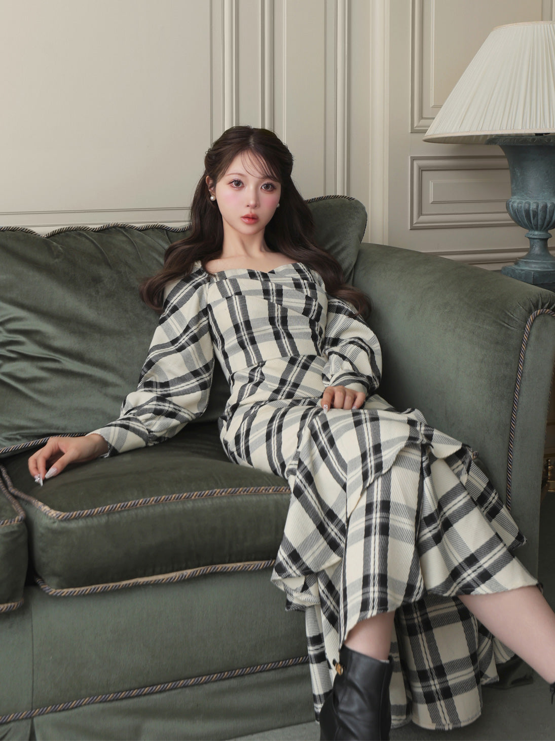 【Pre Order】Cross drape check mermaid long onepiece(eme10827)