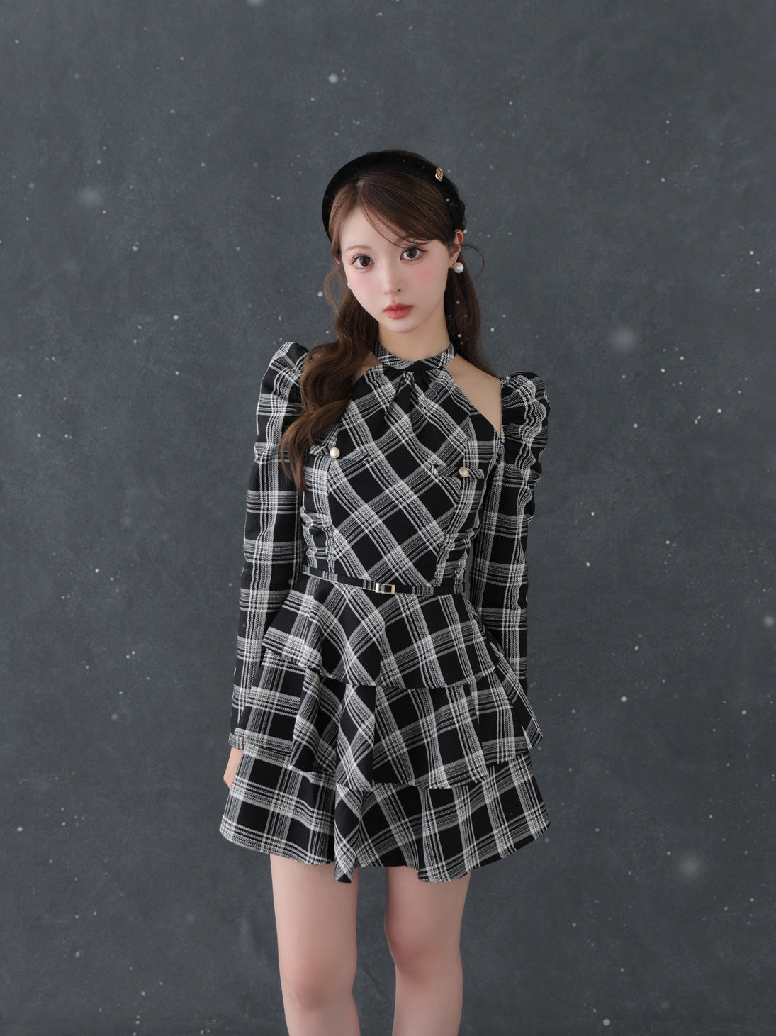 【SALE】Sleeve halter check mini onepiece(eme10830)