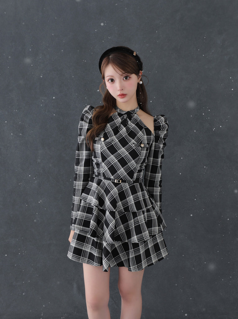 【SALE】Sleeve halter check mini onepiece(eme10830)
