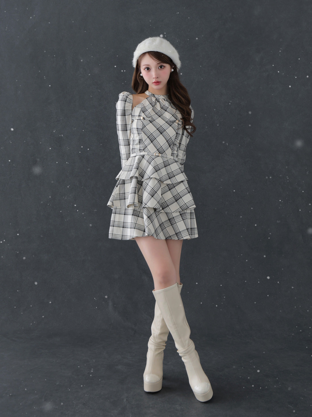 【SALE】Sleeve halter check mini onepiece(eme10830)