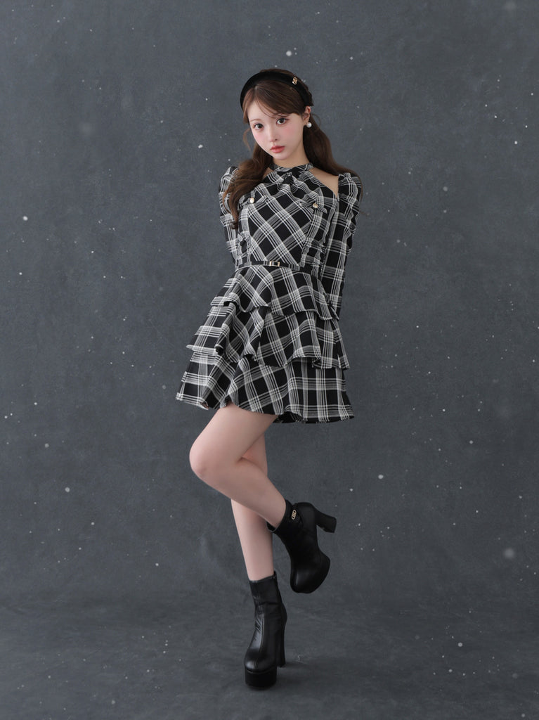 【SALE】Sleeve halter check mini onepiece(eme10830)