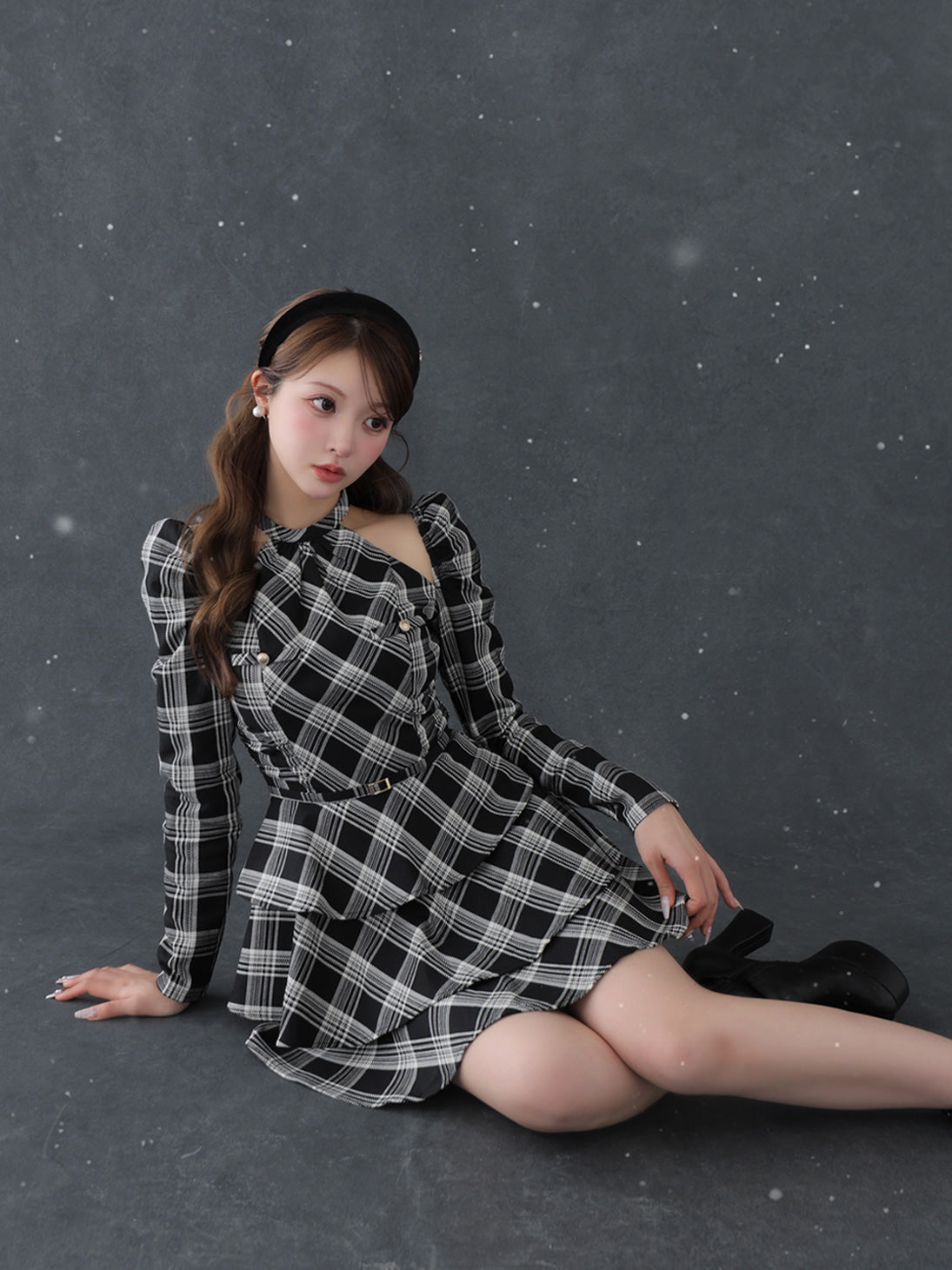 【SALE】Sleeve halter check mini onepiece(eme10830)