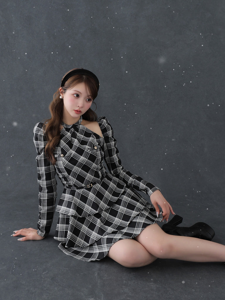 【SALE】Sleeve halter check mini onepiece(eme10830)