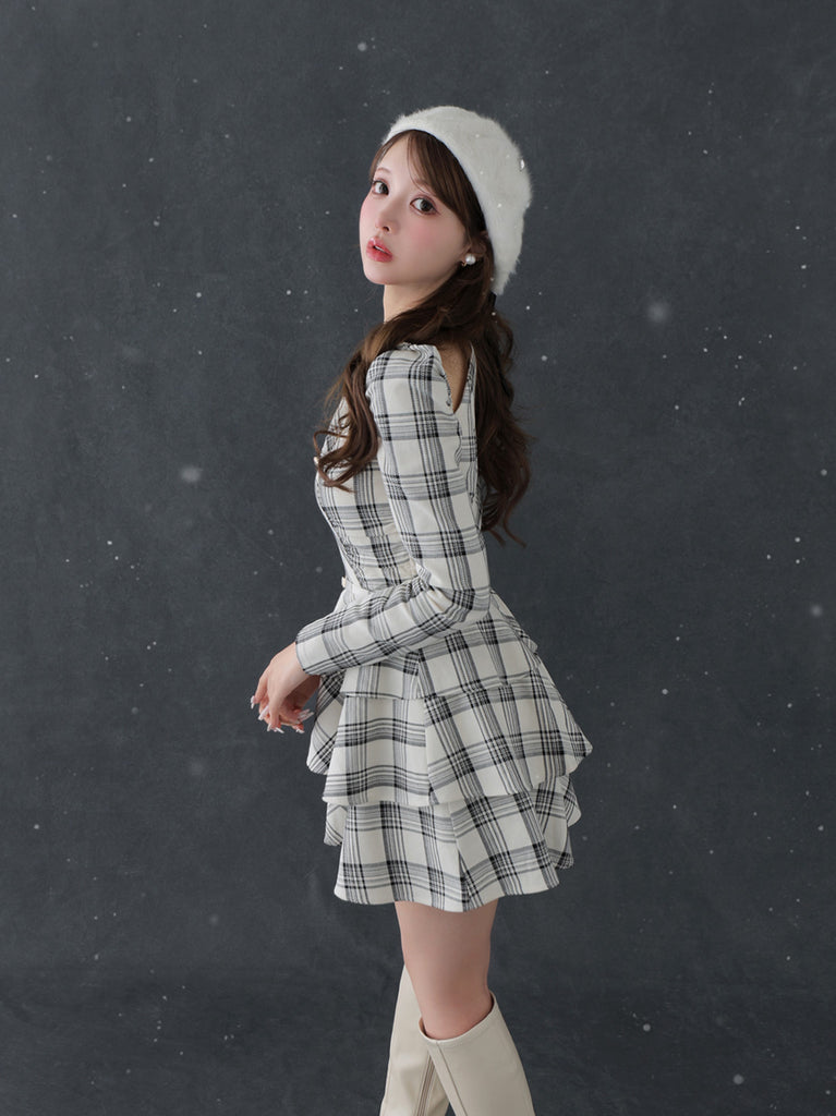【SALE】Sleeve halter check mini onepiece(eme10830)