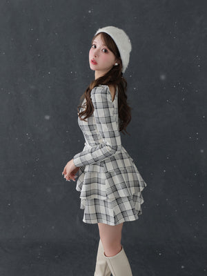 【SALE】Sleeve halter check mini onepiece(eme10830)