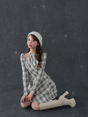 【SALE】Sleeve halter check mini onepiece(eme10830)