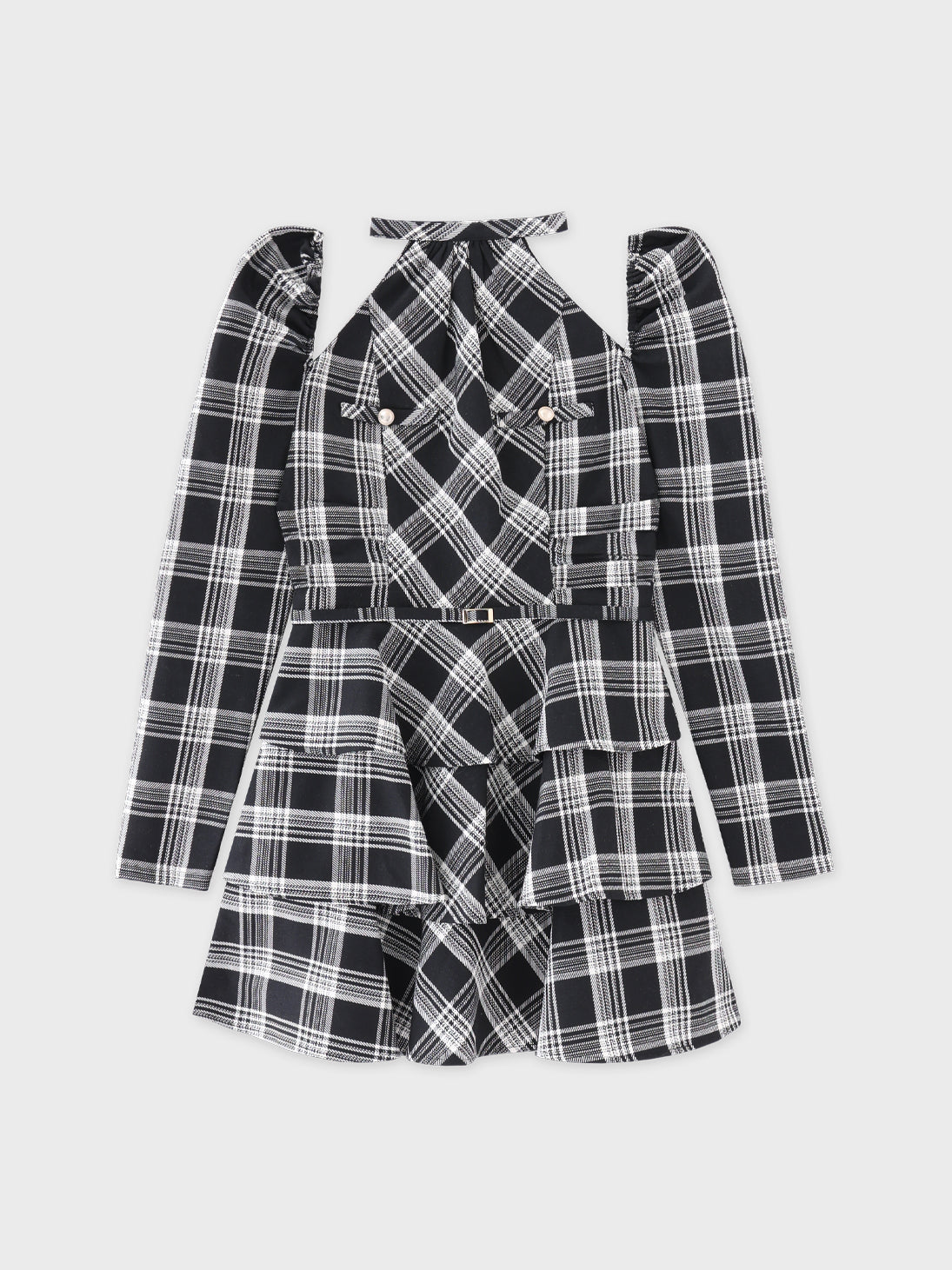 【SALE】Sleeve halter check mini onepiece(eme10830)