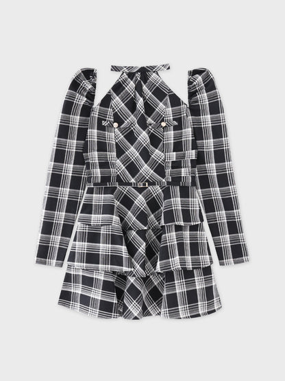 【SALE】Sleeve halter check mini onepiece(eme10830)