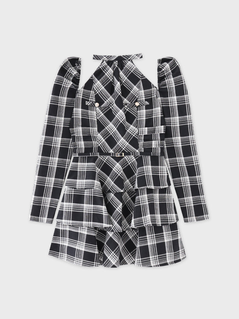 【SALE】Sleeve halter check mini onepiece(eme10830)