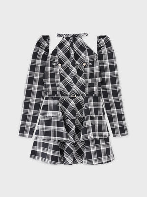 【SALE】Sleeve halter check mini onepiece(eme10830)
