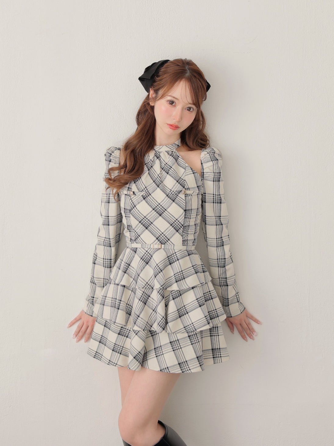 【SALE】Sleeve halter check mini onepiece(eme10830)