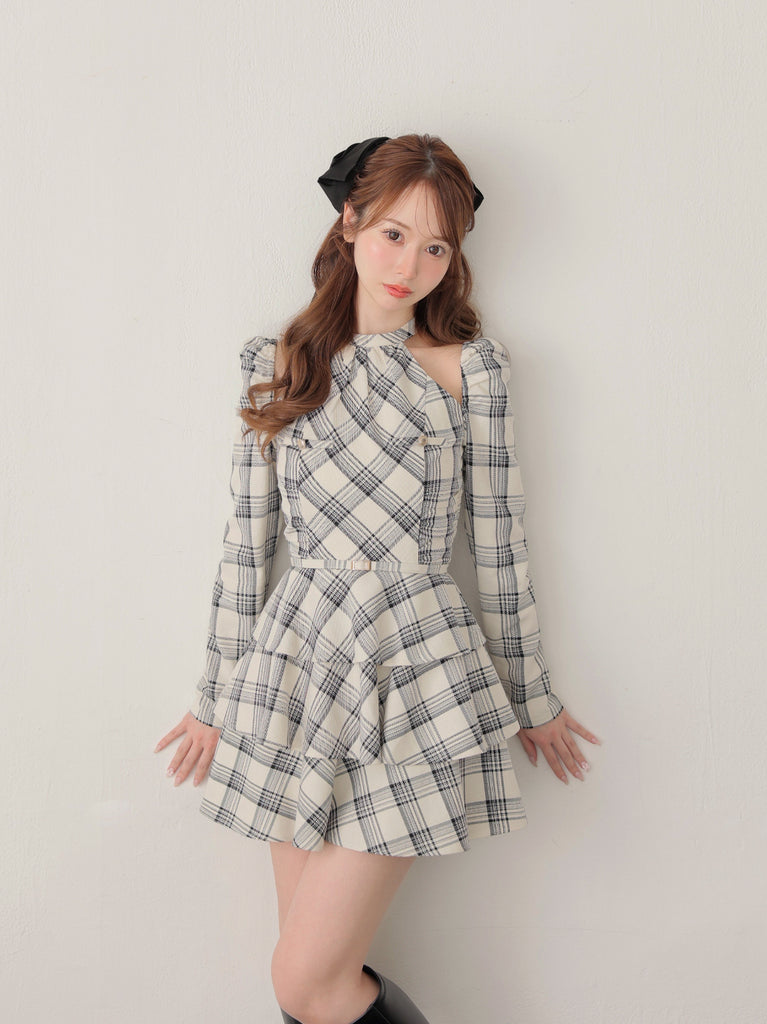 【SALE】Sleeve halter check mini onepiece(eme10830)