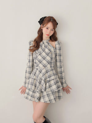 【SALE】Sleeve halter check mini onepiece(eme10830)