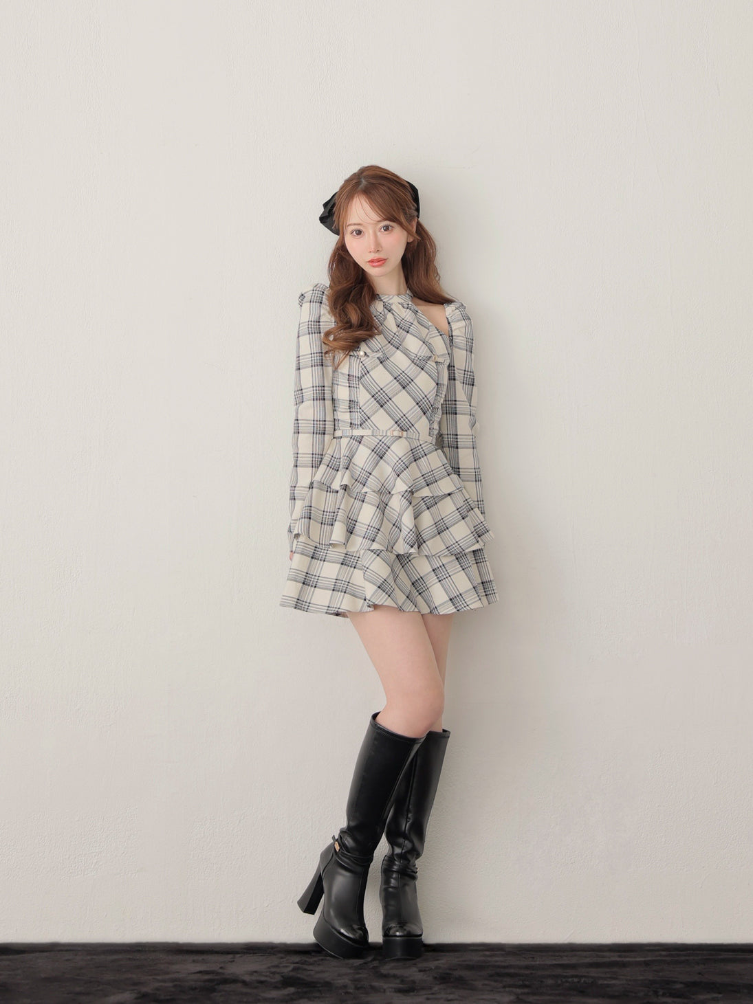 【SALE】Sleeve halter check mini onepiece(eme10830)