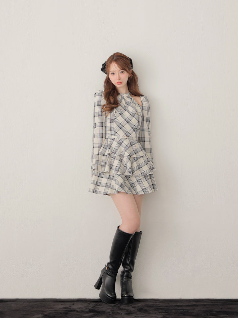 【SALE】Sleeve halter check mini onepiece(eme10830)