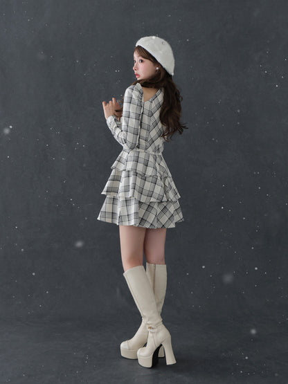 【SALE】Sleeve halter check mini onepiece(eme10830)