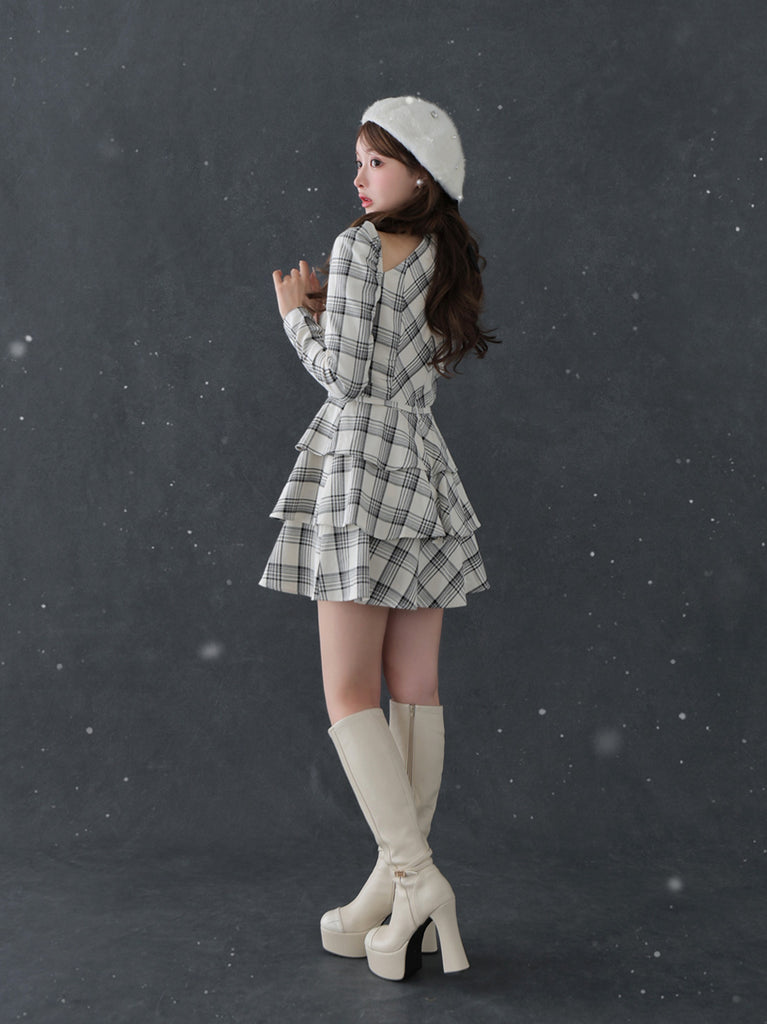 【SALE】Sleeve halter check mini onepiece(eme10830)