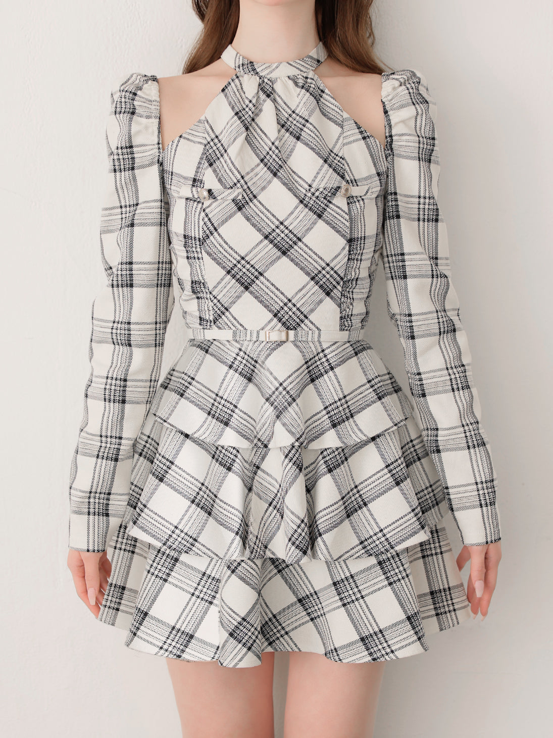 ワンピース mmeeme Sleeve halter check mini onepiece Sleeve halter check mini onepiece(eme10830) – M me eme