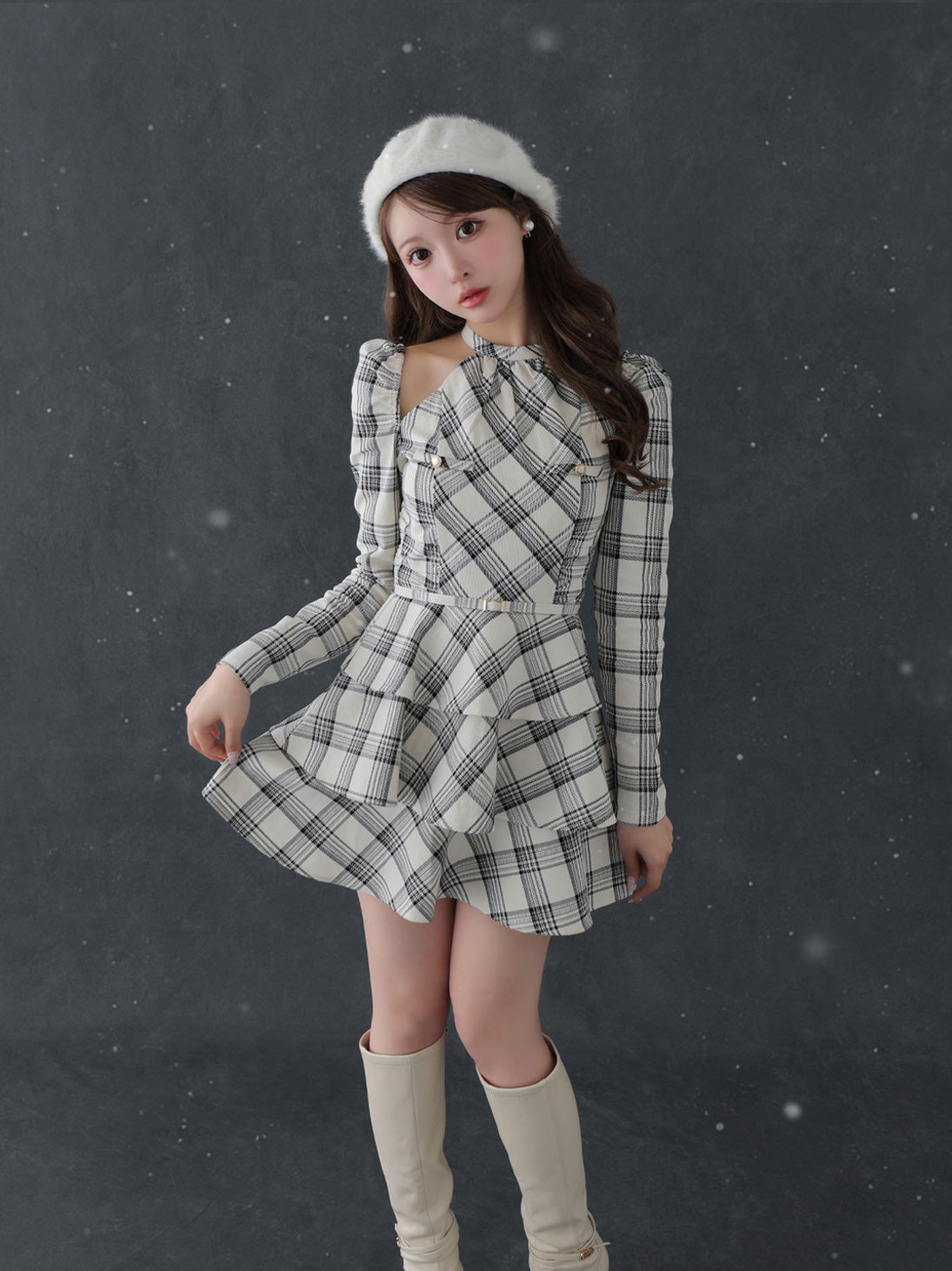 【SALE】Sleeve halter check mini onepiece(eme10830)