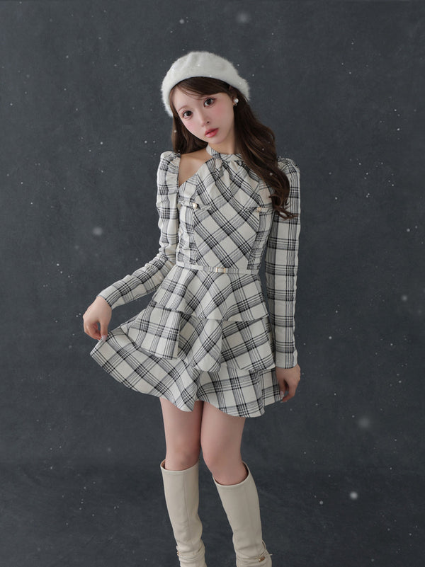 【SALE】Sleeve halter check mini onepiece(eme10830)