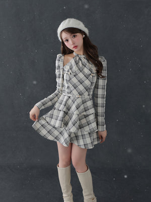 【SALE】Sleeve halter check mini onepiece(eme10830)