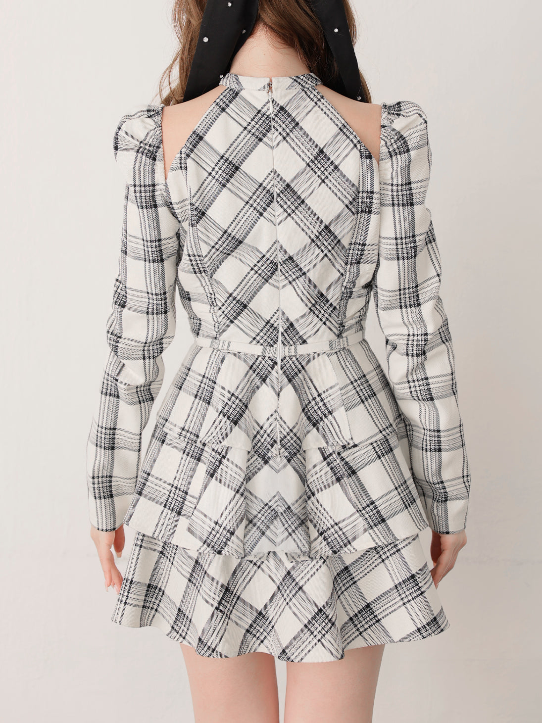 【SALE】Sleeve halter check mini onepiece(eme10830)