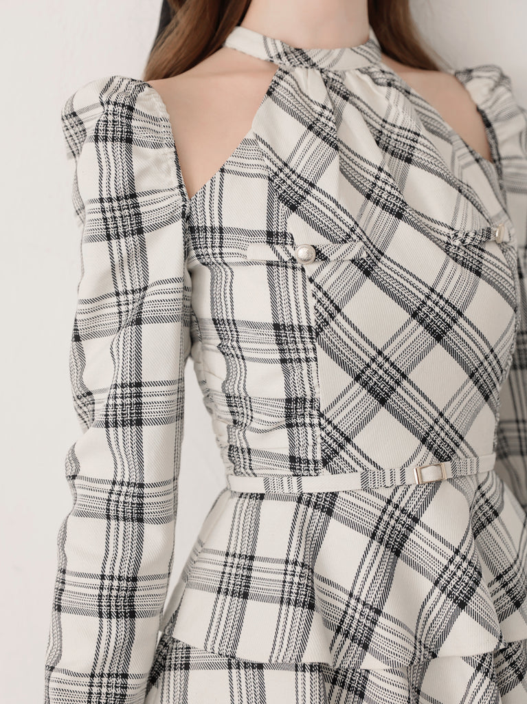 【SALE】Sleeve halter check mini onepiece(eme10830)