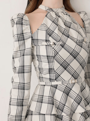 【SALE】Sleeve halter check mini onepiece(eme10830)