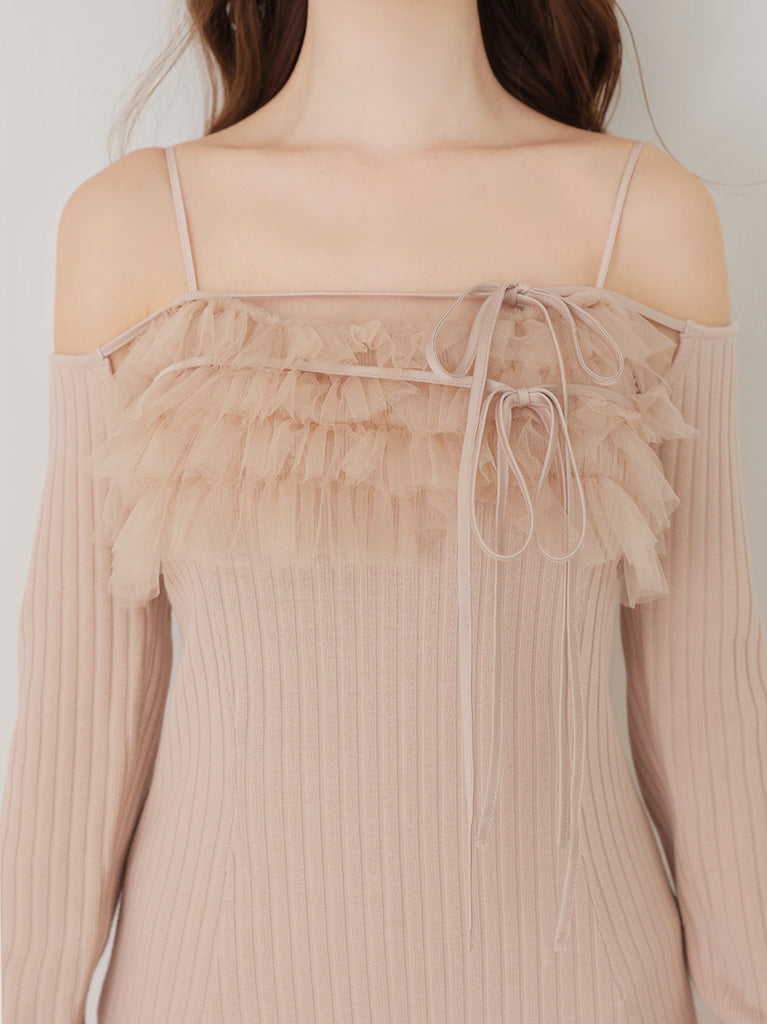 Tulle frill knit ensemble cami onepiece(eme10834)