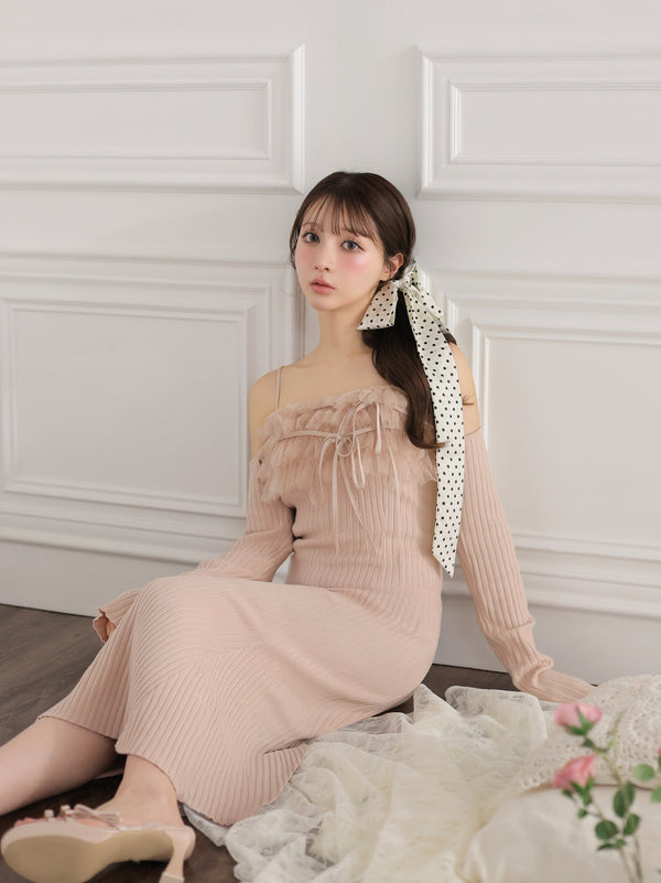 Tulle frill knit ensemble cami onepiece(eme10834)