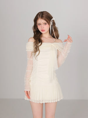 Luminous tulle ribbon drape mini onepiece(eme10837)