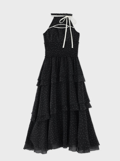 【Pre Order】Bust cut dot chiffon tiered long onepiece(eme10842)